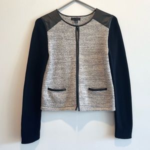 Willi Smith Black and Gray Cardigan Sweater with Faux Leather Trim Size Medium